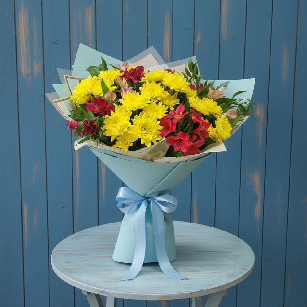 Букет сочные брызги в Мишкино Республика Башкортостан Букет цветов из: Альстромерии и Хризантемы в Мишкино Республика Башкортостан