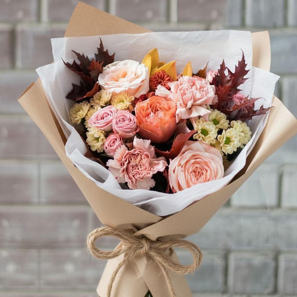 Букет осеннее настроение в Мишкино Республика Башкортостан Букет цветов из: Гвоздики, Хризантемы и Розы в Мишкино Республика Башкортостан