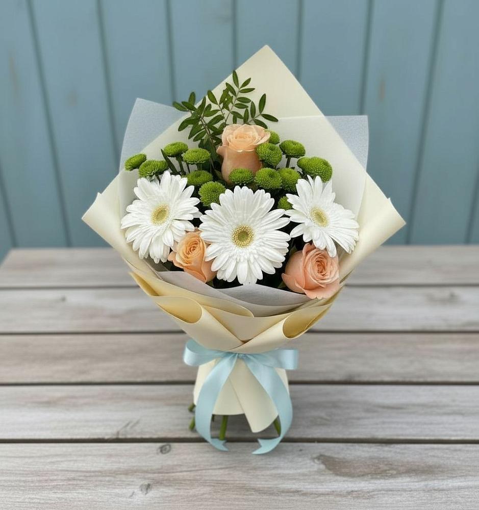 Букет герберы и розы в Мишкино Республика Башкортостан Букет цветов из: Герберы, Розы и Хризантемы в Мишкино Республика Башкортостан