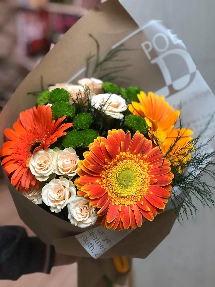 Букет желтый закат в Мишкино Республика Башкортостан Букет цветов из: Герберы, Хризантемы и Розы в Мишкино Республика Башкортостан