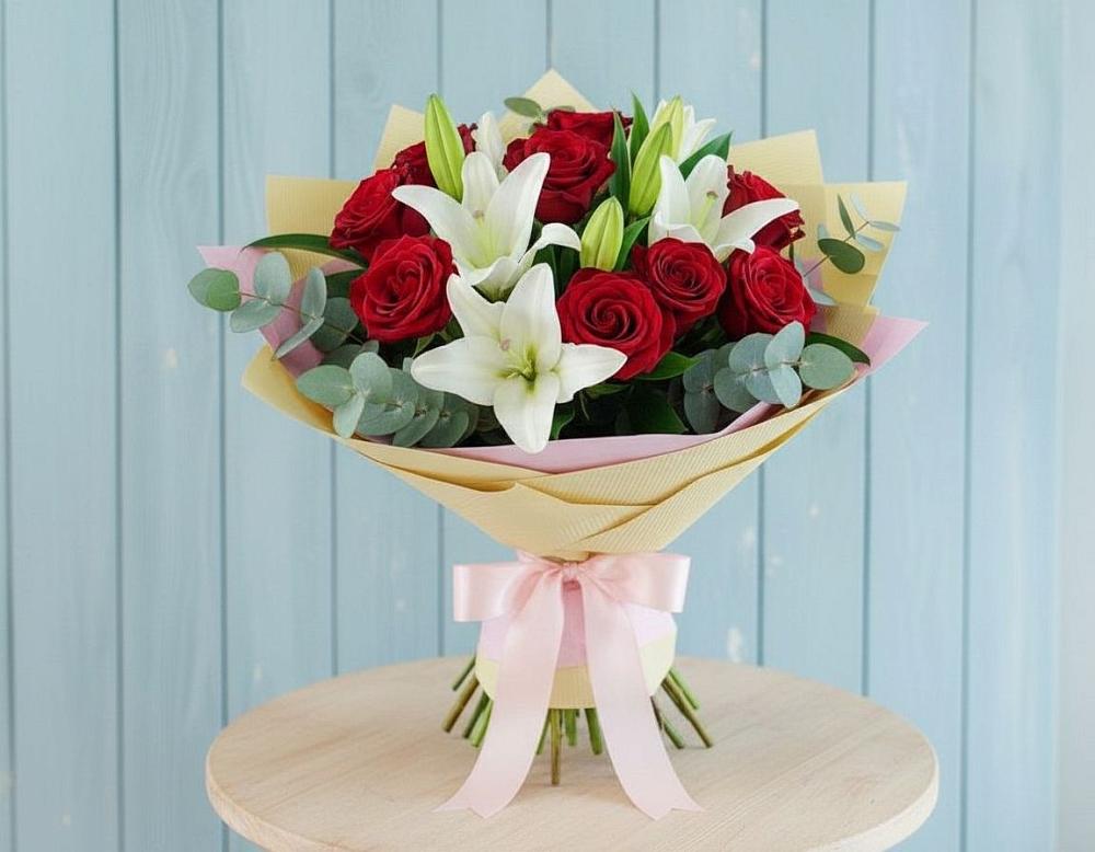 Букет Элегантная гармония в Мишкино Республика Башкортостан Букет цветов из: Лилии и Розы в Мишкино Республика Башкортостан